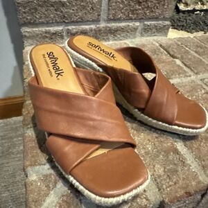 SoftWalk Women's Hastings Leather Wedge Sandal Cognac Size 6.5 #103